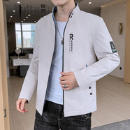 回圖外套男秋冬季潮流休閑男裝春秋季冬款加厚保暖上衣服短款秋裝夾克 常規米色 XL/175