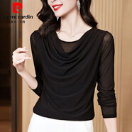 皮爾卡丹純色大i碼網(wǎng)紗短袖T恤女春秋外穿洋氣遮肉顯瘦上衣洋氣時(shí)髦女裝 黑色【長(cháng)i袖】 2XL 【建議125-140斤】