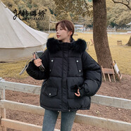 韓璐嬌（hanlujiao）羽絨棉服女2024新款冬季小個子棉衣女百搭短款加厚面包服棉襖外套 黑色 2XL【建議140-160斤】