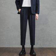 歐紳斯毛呢西褲男士秋冬厚款寬松加絨商務(wù)休閑長(cháng)褲九分直筒西裝褲子男 藍色（九分褲） 32（136-145斤）