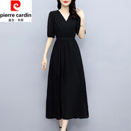 皮爾卡丹（pierre cardin）真絲連衣裙女夏季新款感時(shí)尚氣質(zhì)寬松高端桑蠶絲連衣裙顯瘦 黑色 XL 120-130斤