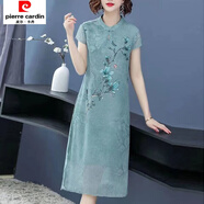 皮爾卡丹連衣裙女高貴洋氣2021新款闊太太旗袍中年女夏裝中長(cháng)裙子薄 綠色 3XL 126-135