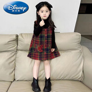 迪士尼（Disney）【品牌上新】韓版童裝2023女童秋冬格紋毛呢背心裙子女寶寶韓版可 黑色打底衫 100