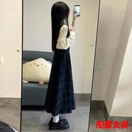 歌芬琳學院韓系甜美格子背帶連衣裙女學生春季氣質收腰顯瘦背心裙兩件套 套裝綠格子背帶裙+杏色襯衣-高檔連衣裙 M +-高檔連衣裙