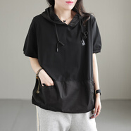 錦彩灣有戴帶帽孑的棉半袖連帽短袖帽衫t恤女士2025夏裝新款寬松洋氣 黑色 2XL (建議130斤-145斤)