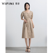 易菲（YIFINI）方領(lǐng)五分袖連衣裙格子印花顯瘦氣質(zhì)收腰裙子春新A03Y3953 杏底杏條紋 0S