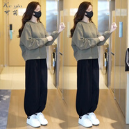 可茵（Keyin）衛(wèi)衣女運(yùn)動(dòng)套裝女2025年秋冬新款圓領(lǐng)寬松減齡上衣高腰休閑褲子女 卡綠衛(wèi)衣+褲子 L