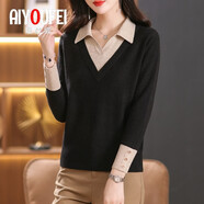 璦優(yōu)霏（aiyoufei）假兩件上衣女2025年秋裝新款薄款毛衣短款洋氣翻領(lǐng)拼接打底針織衫 453-101黑色 L 建議105-115斤左右