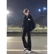 浩術牛仔微喇褲男春夏款黑色褲子高街褲子美式寬松直筒垂感微喇褲 黑色 L【建議100-115斤】