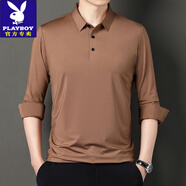花花公子（PLAYBOY）品牌高檔男士高級(jí)感桑蠶絲Polo衫秋冬加絨加厚T恤長(zhǎng)袖翻領(lǐng)打底衫 95款-駝色【不加絨】 M 170/88A 建議120-140斤