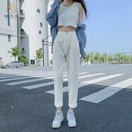 酷梵稀（KUFANXI）冰絲哈倫牛仔褲女夏薄款2024年新款高腰顯瘦直筒寬松老爹九分褲子 米白色 S 建議86-96斤