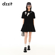 DZZIT【爆款補單】地素春夏新款甜酷少女黑白撞色蝴蝶結繡花連衣裙女 黑色 S