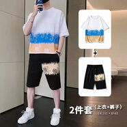 gxmy短袖t恤套裝男士新款日版潮牌印花體恤夏季一套休閑運動衣服夏裝 白色 【短袖+短褲】 XL 【120-140斤】