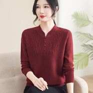 歌米拉（Gemila）媽媽裝毛衣女針織衫純色套頭春秋新款圓領(lǐng)內搭中老年女裝打底衫 酒紅色 XL 建議115-125斤