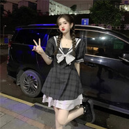 曼迪尚大碼胖MM學(xué)院風(fēng)減齡蝴蝶結(jié)連衣裙女夏季收腰遮肚顯瘦裙子a字短裙 格子連衣裙 L