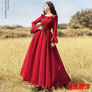 萱眸港式秋冬新款威婭紀(jì)連衣裙優(yōu)雅時(shí)尚氣質(zhì)燈芯絨復(fù)古拖地大擺長裙子 紅色喇叭/袖-禮服晚宴服 M -禮服晚宴服
