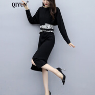 QIYUN 春秋裝新款雪紡名媛黑色連衣裙女收腰顯瘦氣質(zhì)流行女人味裙子 圖片色 M