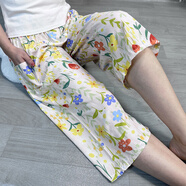 夏季外穿睡褲女士夏季七分褲中褲綿綢人造棉褲寬松家居褲薄款空調 米白郁金香 2XL 七分褲  130-155斤