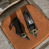 蘇妃妃（sufeifei）高跟鞋春秋新款絨面職業(yè)皮面單鞋女細跟搭扣歐美性感水鉆尖頭工鞋 85506-黑色6厘米【皮面】 34