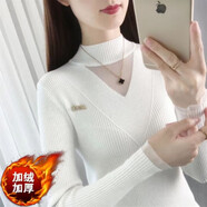 月袖（YUEXIU）上衣女2023年新款秋冬季修身半高領(lǐng)蕾絲洋氣毛衣長袖針織打底衫潮 白色【加絨加厚】 M 建議95-110斤