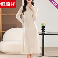 恒源祥秋冬100純羊毛絨連衣裙女圓領(lǐng)中長(cháng)款鉤花打底裙寬松羊毛過(guò)膝長(cháng)裙 白色 XL