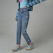 CHUU高腰牛仔褲女士冬季新款單排扣鏤空愛心顯瘦小腳長褲子 淺牛仔藍 27