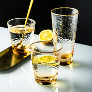 INSCRIPTION 錘目紋玻璃杯果汁杯冷飲杯男女水杯 北歐ins家用大容量透明水杯 矮款-金邊黃色