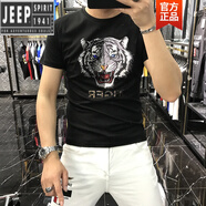吉普（JEEP）輕奢歐洲站夏季新款絲光棉短袖t恤韓版潮流重工燙鉆老虎頭印花T恤 黑色 2XL