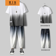 【上衣+褲子】短袖套裝男夏季新款七分袖t恤男生九分褲套裝男韓版潮流學(xué)生寬松嘻哈帥氣青少年一套衣服 白色短袖+灰色褲子 2XL