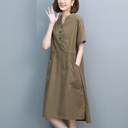 楚馨2025夏季新款女裝時(shí)尚寬松顯瘦中年女士夏天連衣裙中長(cháng)款亞麻裙子 軍咖色 2XL (135-146斤)