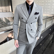 白灰樓 西服套裝男新款韓版修身雙排扣西服三件套商務休閑職業(yè)正裝套裝新郎伴郎結婚禮服宴會西裝男 淺灰色三件套（西服+西褲+馬甲） L