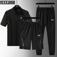 JEEP SPIRIT吉普兩件套三件套冰絲短袖T恤男季新款褲子男運動(dòng)套裝男休閑套裝 2868黑色三件套 2XL