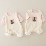 圓圓米米嬰兒衣服連體衣春秋裝3新生兒外出服4男5女寶寶6冬裝洋氣滿月爬服 MXN6278玫瑰背帶套裝米色 73cm 3-6個(gè)月12-16斤
