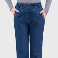 蘭威費雷春秋季女褲中年媽裝中年夏季牛仔褲休閑松緊帶高腰彈力直筒褲 春秋款【淺藍色】松緊腰 2XL 【118-135斤】