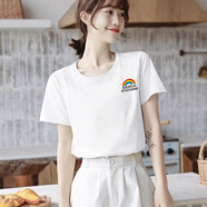 ESCURLTF純棉白色短袖t恤女學(xué)生夏季寬松韓版圓領(lǐng)印花閨蜜裝體恤衫ins上衣 白色-胸標(biāo)彩虹 S  建議75-95斤