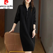 皮爾卡丹（pierre cardin）高領(lǐng)針織連衣裙女秋冬季新款拉鏈中長(zhǎng)款過(guò)膝毛衣連衣裙加厚打底衫 黑色 2XL