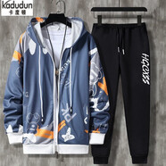 卡度頓（兩件套）初中生運動(dòng)服套裝男生春秋季衛衣開(kāi)衫外套冬青少年衣服 灰藍色長(cháng)拉鏈小熊衛衣長(cháng)褲 2XL(建議135-145斤)