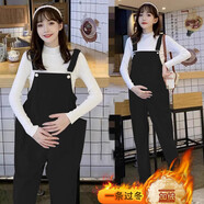 依鎏衣品秋冬純棉燈芯絨保暖孕婦背帶褲加絨加厚寬松大碼吊帶褲毛衣兩套裝 黑色（加絨）單件背帶褲 3XL適合160-175斤