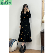 艾妃琳微胖定制“黑天鵝”秋冬燈芯絨法式復(fù)古氣質(zhì)刺繡溫柔顯瘦連衣裙 黑天鵝 S 建議85-100斤