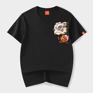 VENSUP短袖t恤男裝夏季中國風(fēng)醒獅刺繡純棉情侶寬松上衣服男士國潮T恤衫 766瑞獅黑色 XL(建議145-155斤)