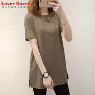 LOVER RUCCI法國2025新款夏季女裝上衣寬松中長款女士t恤女士休閑長款短袖衫 深卡其布色 -凈版 L 125-145斤