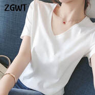 ZGWT輕奢高檔品牌精品V領(lǐng)短袖T恤女夏季新款時(shí)尚百搭半袖上衣 V領(lǐng) 【白色凈色】 2XL (125-135斤)