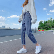 GOCHIEI薄款可調節高腰牛仔褲女秋新款韓版闊腿九分直筒蘿卜哈倫褲潮 復古藍 L