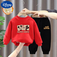 迪士尼（Disney） 男童女童秋裝套裝小童兩件套2025春秋季新款洋氣小孩寶寶帥童裝 加絨款 米老鼠#紅衛(wèi)衣+黑衛(wèi)褲 90