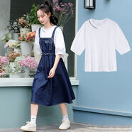 蘭威費雷新款少女夏季中學(xué)生牛仔連衣裙大童初中生中長款收腰背帶裙女 深藍色背帶裙加中袖 XL 120-135斤