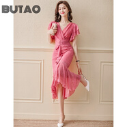BUTAO旗袍連衣裙女夏季新款時尚氣質(zhì)收腰夏天長款裙子 粉色 XL