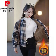 皮爾卡丹（pierre cardin）加絨加厚2025秋冬新款時(shí)尚洋氣顯瘦蝙蝠袖減齡保暖格子襯衫外套女 藍(lán)咖格【加絨加厚】 M 建議【85-100斤】