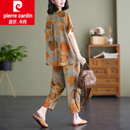 皮爾卡丹（pierre cardin）休閑褲苧麻女裝套裝亞麻夏裝2025年新款休閑寬松印花棉麻套裝 桔色圓點 L 建議100-120斤