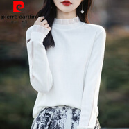 皮爾卡丹（pierre cardin）2024秋冬新款蕾絲拼接圓木耳領針織衫女復古寬松內搭打底衫毛衣女 白色 2XL