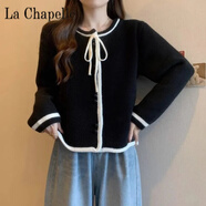 拉夏貝爾（La Chapelle）新中式毛衣針織衫女系帶上衣2024小香風(fēng)春秋寬松洋氣開衫外套 純100自動發(fā)熱黑色 純100自動發(fā)熱XL 建議115-125斤